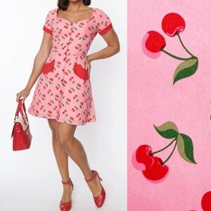 New Unique Vintage Retro Cherry Print Button Front Mini Fit Flare Dress Pink Red